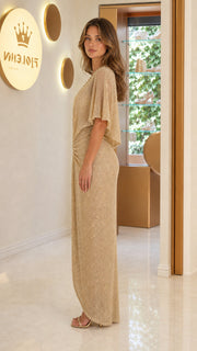 GlimmerCape – Glitter Sequin V-Neck Cape Sleeve Evening Maxi Dress
