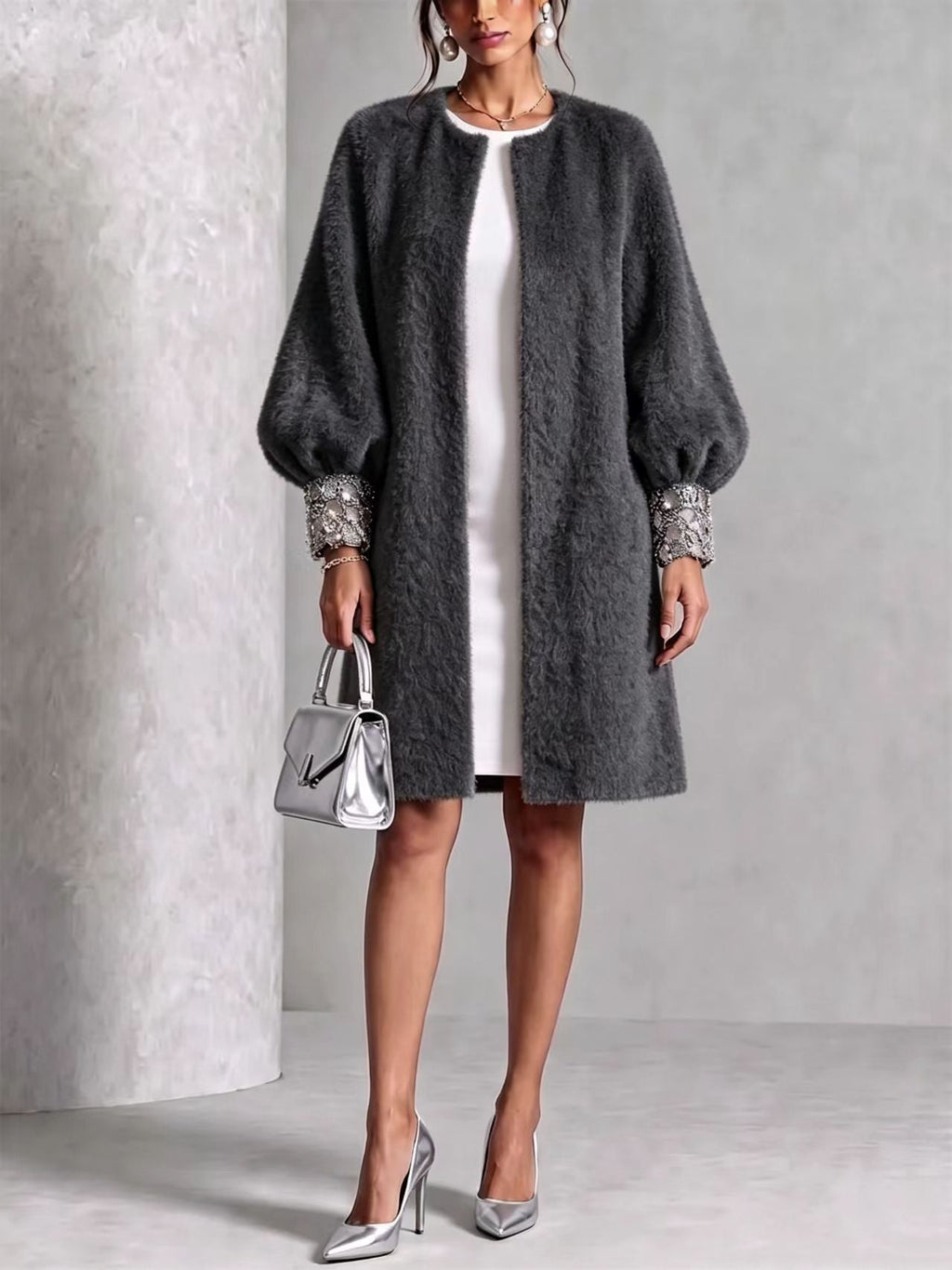 GlimmerCuff – 🤲⏰ Cozy Fuzzy Open-Front Coat with Shiny Cuffs