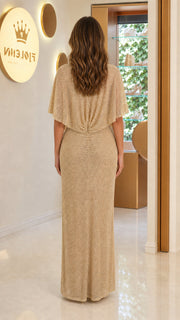 GlimmerCape – Glitter Sequin V-Neck Cape Sleeve Evening Maxi Dress