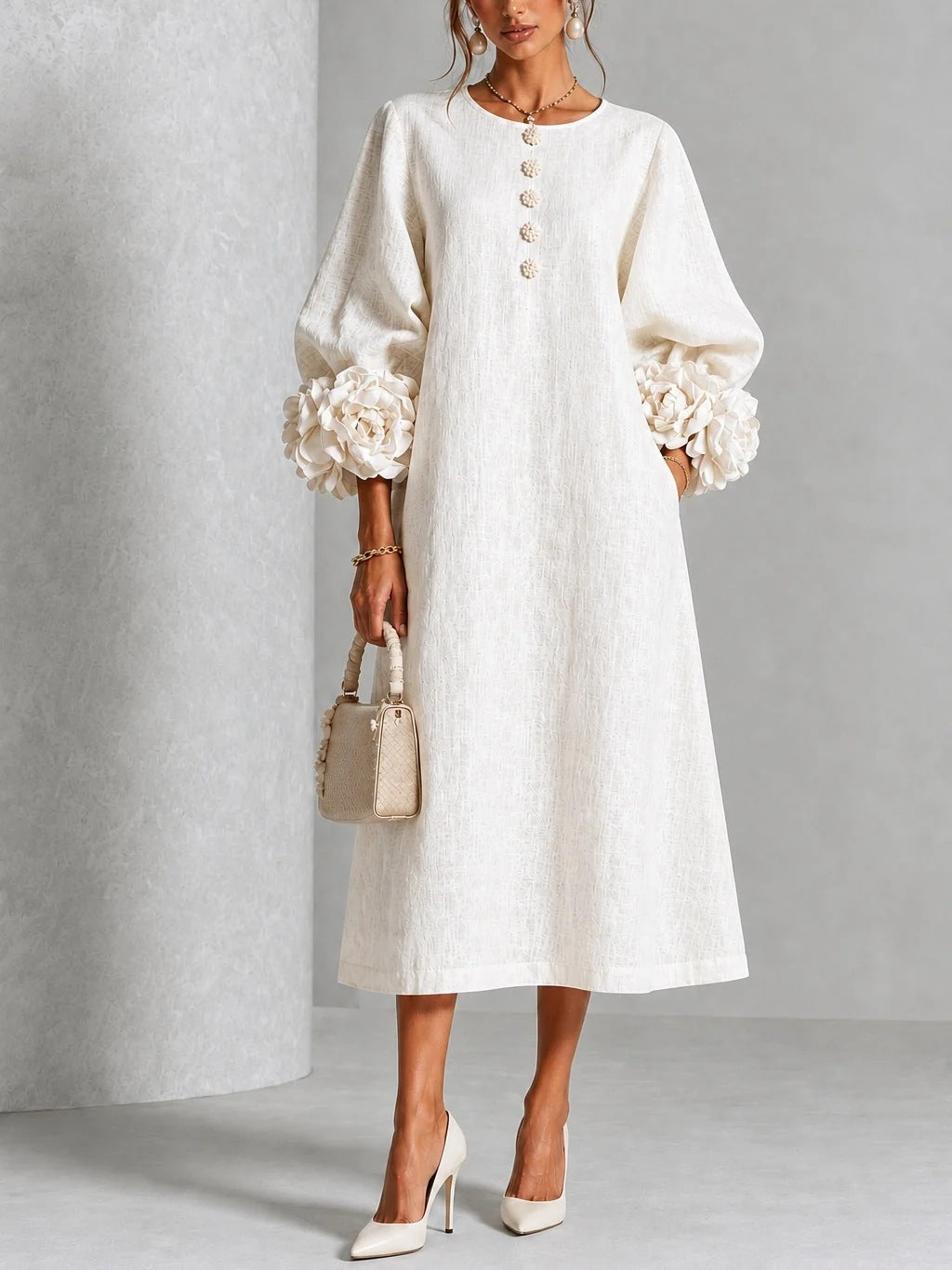 RosetteEase – 🤲 ⏰3D Floral Cuff A-Line Dress with Free Handbag