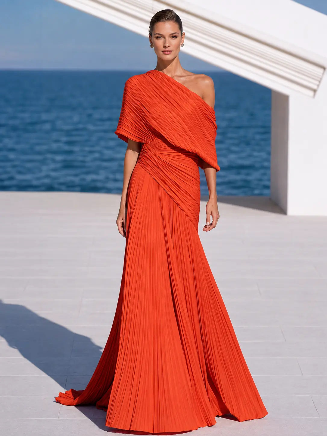 DrapeGala – One Shoulder Pleated Evening Gown