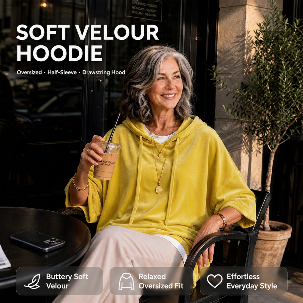 PlushDrape – Women's Velour Oversized Hoodie with 3/4 Sleeves
