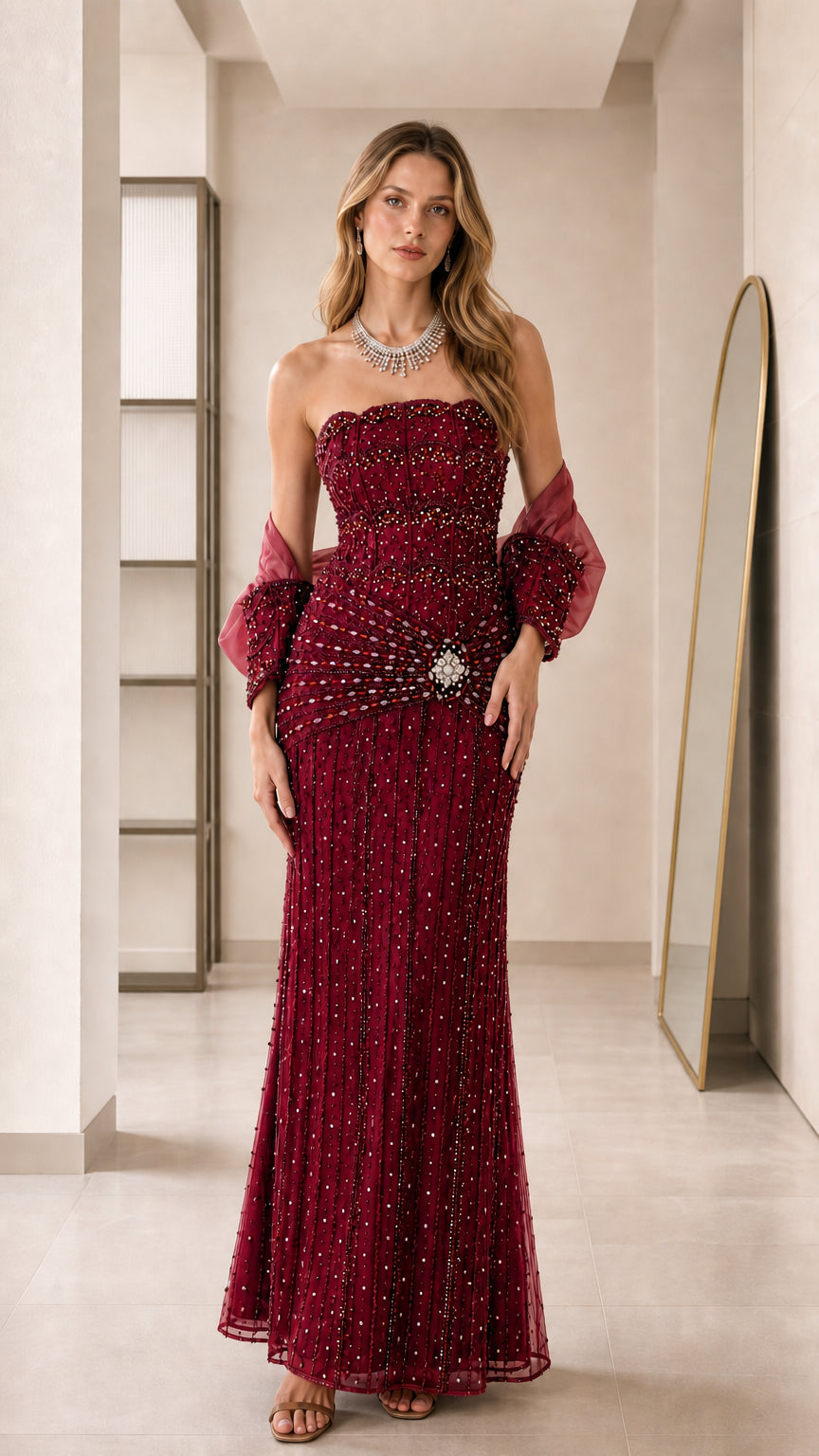 GlimmerGala – Embellished Strapless Evening Gown with Sheer Bolero