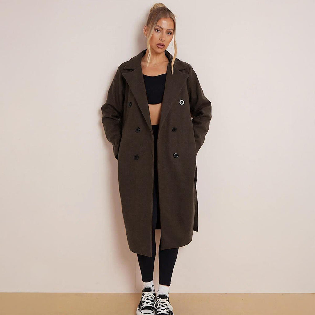 LapelLuxe – Women's Thermal Double-Breasted Notch Lapel Coat with Waist Tie & Pockets