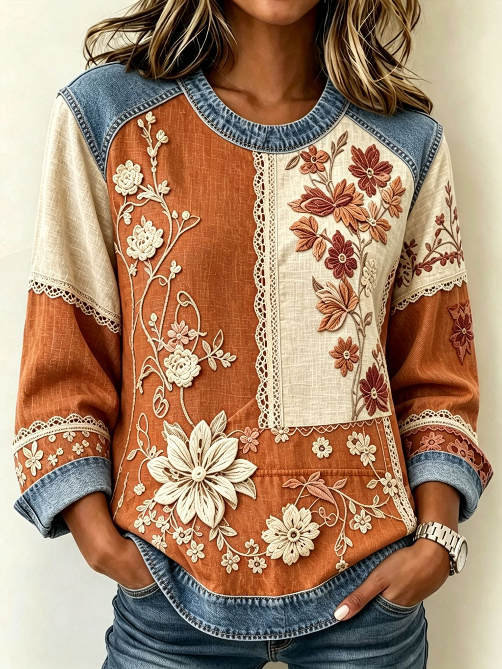 FloralDenim – 💛⏰ Women’s Floral Denim Patchwork Top