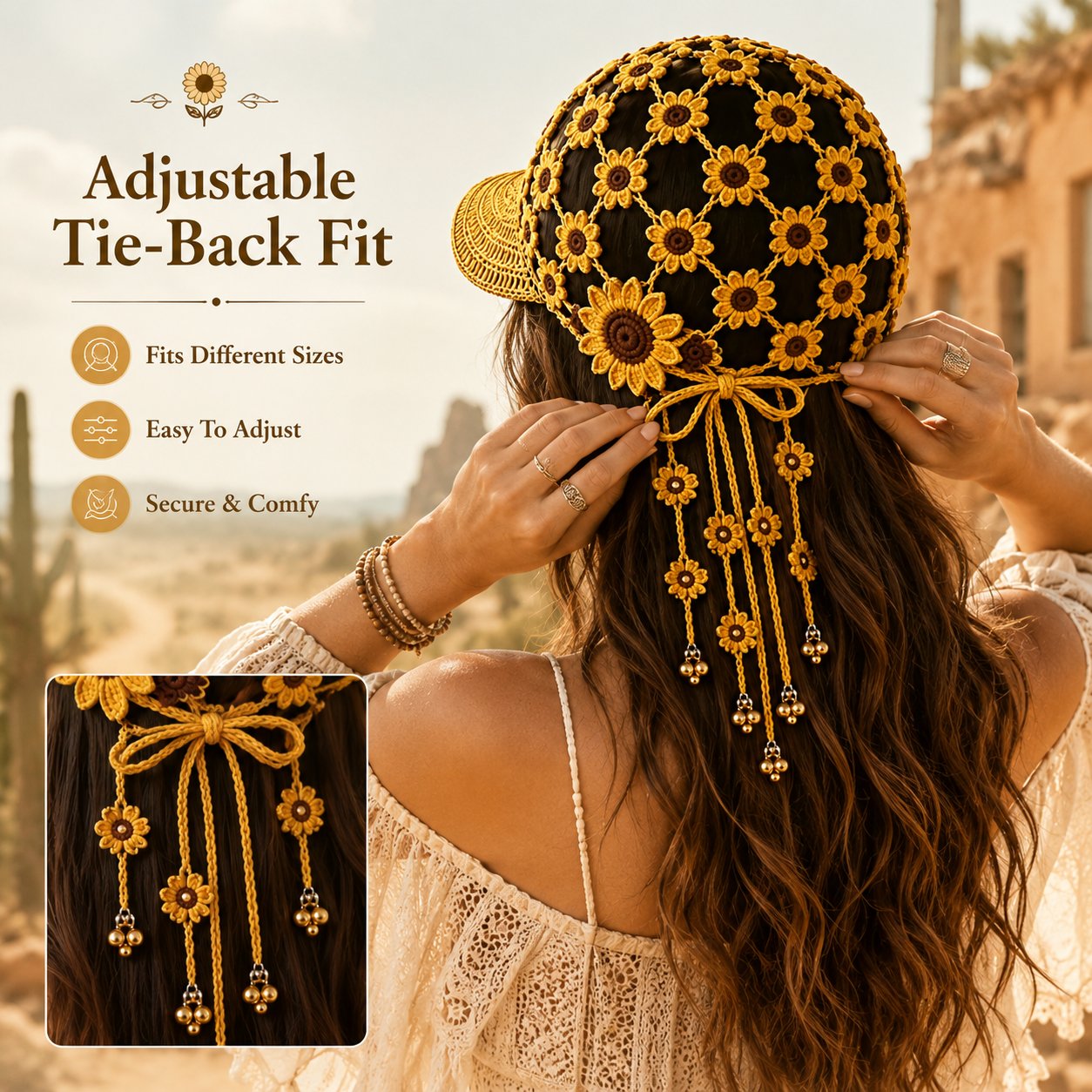 SunflowerChime – Handmade Crochet Tassel Bell Hat