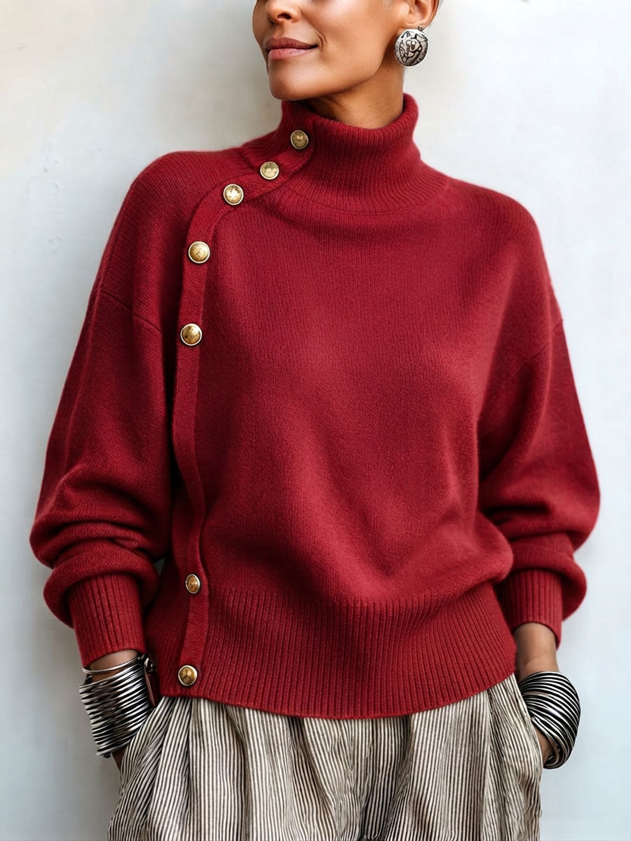 GoldDrape – 🤲 ⏰ Asymmetrical Gold-Button Knit Sweater