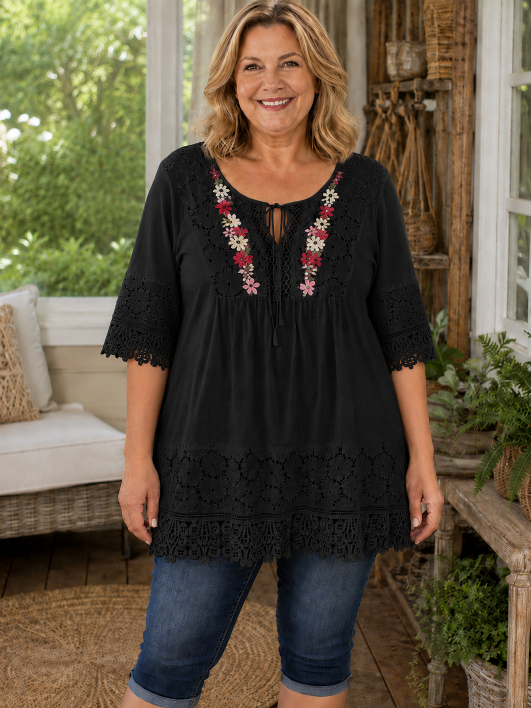 BohoBloom – Plus-Size Cotton-Linen Floral Embroidered Lace Tunic