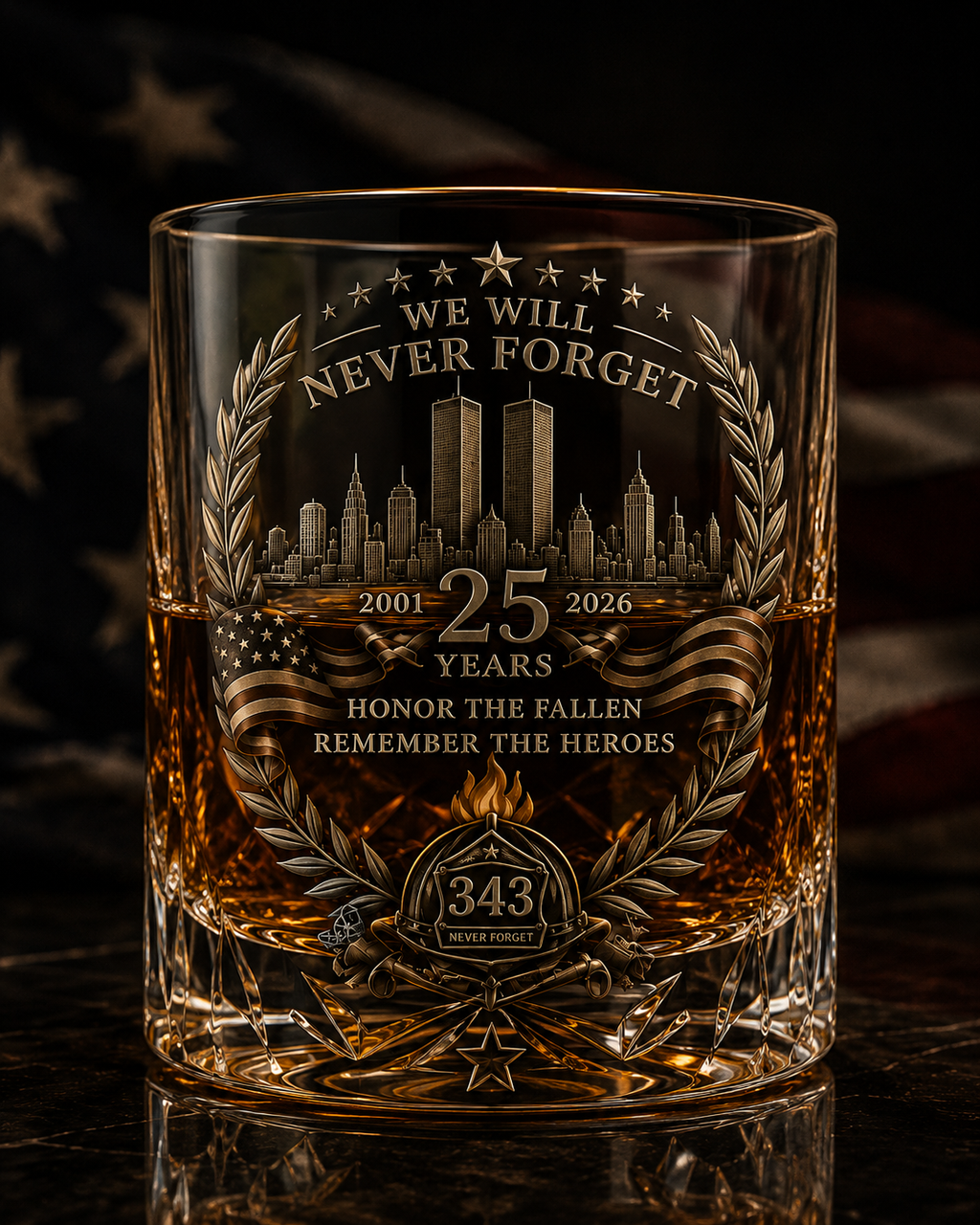 🕯️ TributeCrest – 9/11 25th Anniversary Memorial Whiskey Decanter & Glass Gift Set, We Will Never Forget 343 Heroes