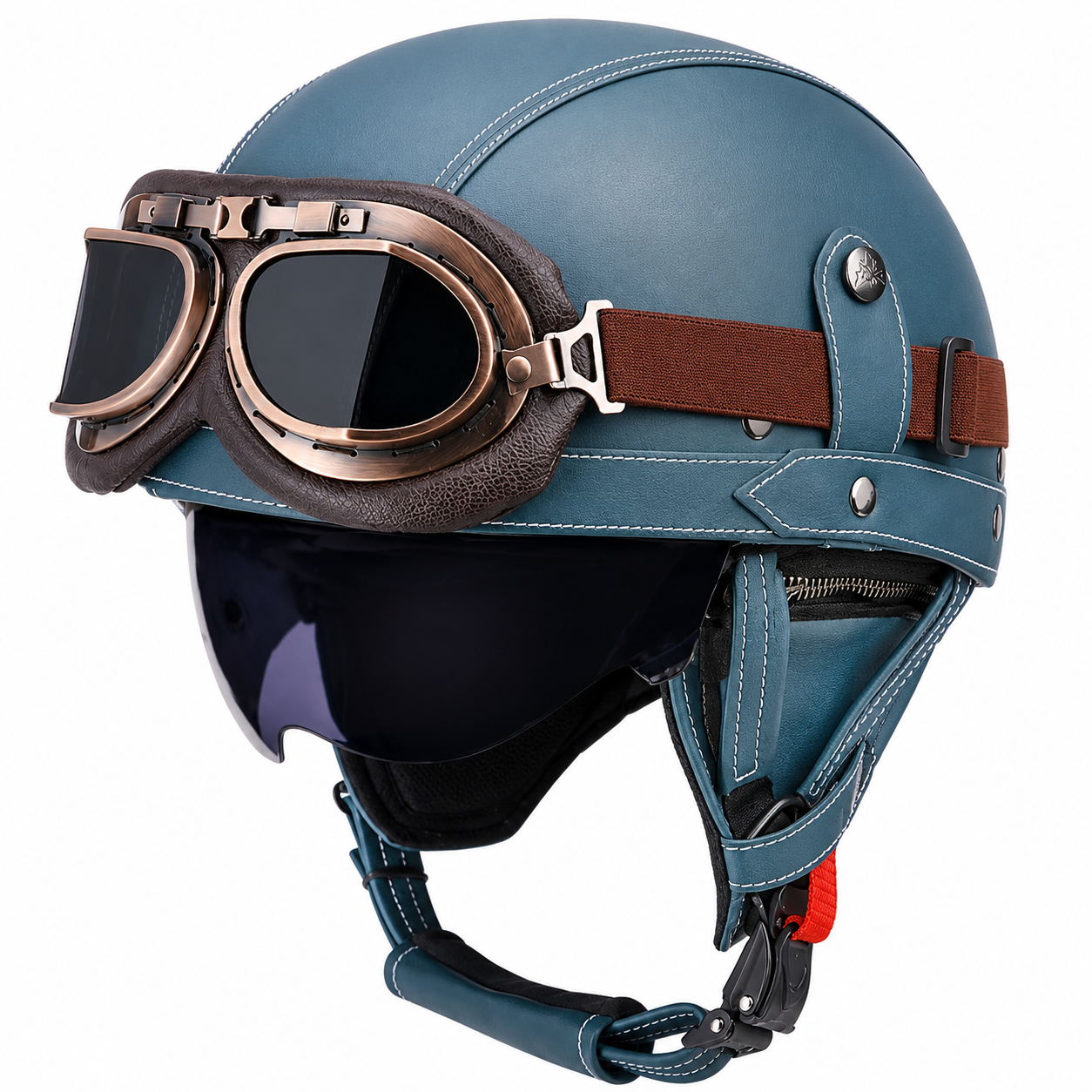 AviatorRide – Vintage PU Leather DOT Motorcycle Half Helmet with Goggles