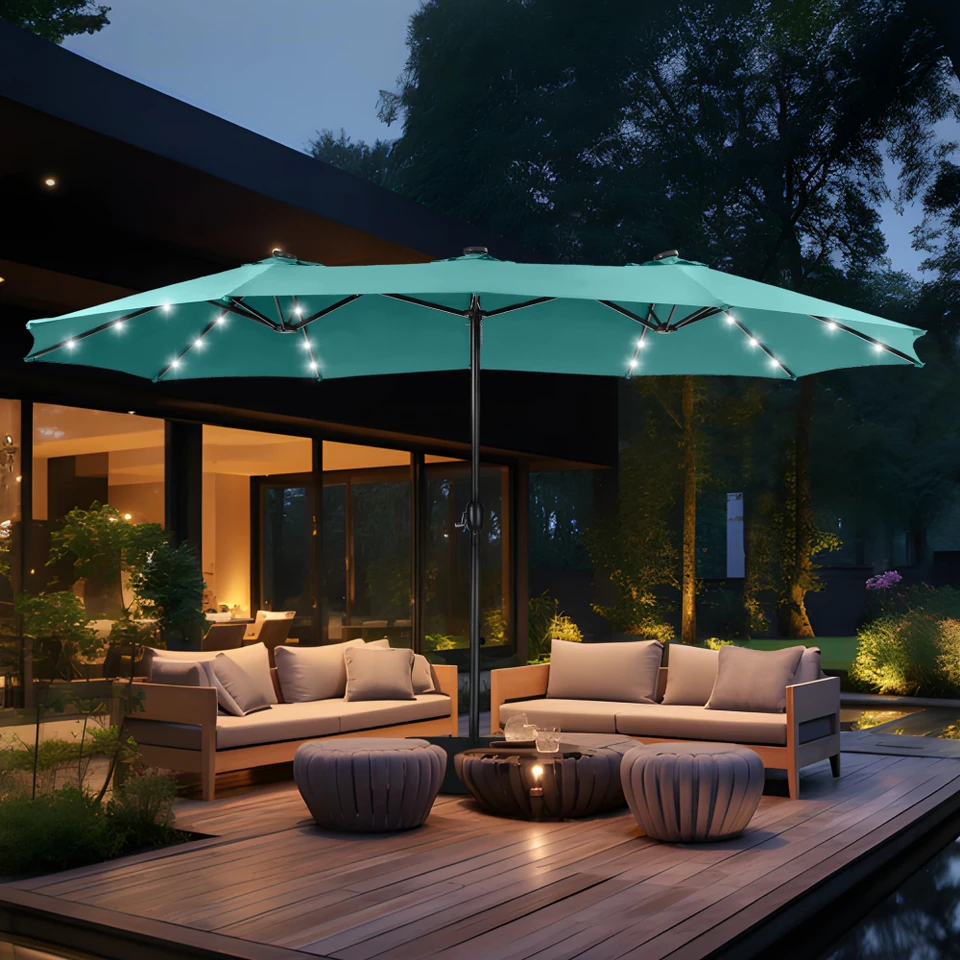 GlowCanopy – 15ft Double-Sided Patio Umbrella with Solar Lights