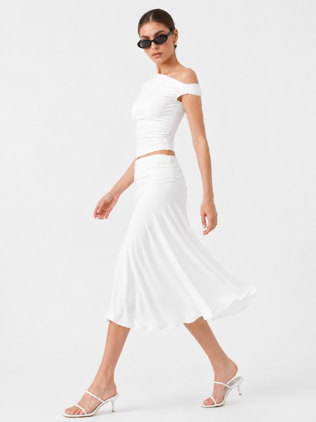 MilayaSculpt – Off-the-Shoulder Ruched Top & Midi Skirt Set