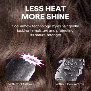 Cool Curl Pencil hair styling product with text 'Less Heat More Shine' and close-up of hair texture comparison.
