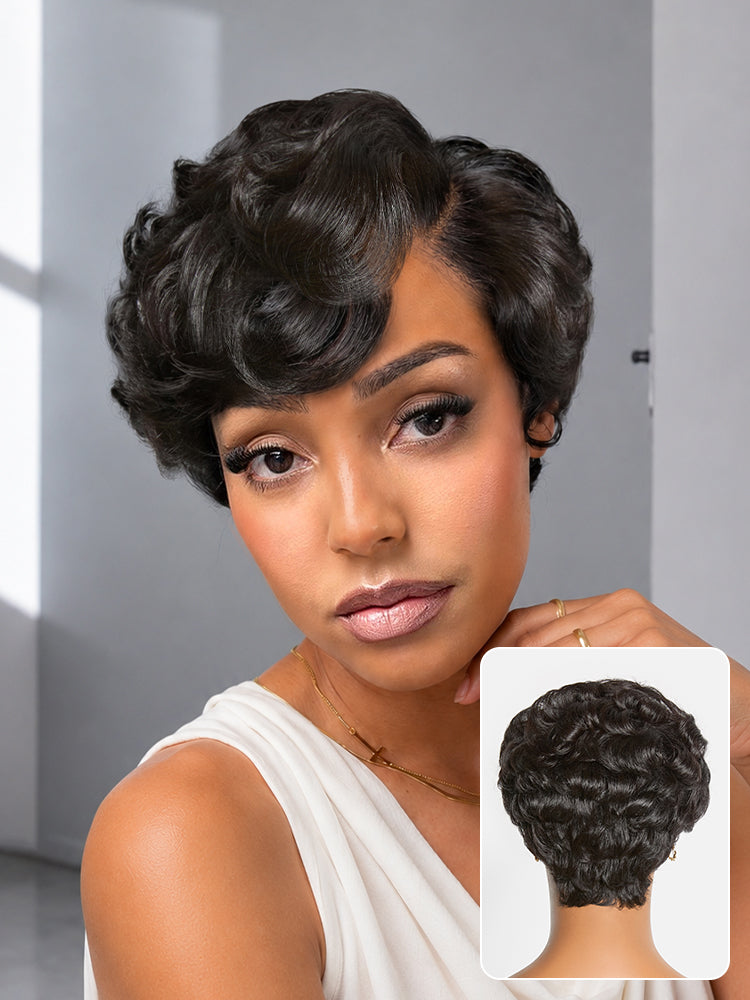 CurlCrown – Beginner-Friendly Natural Black Roll Curl Glueless Pixie Cut Wig with Pre-Cut HD Lace