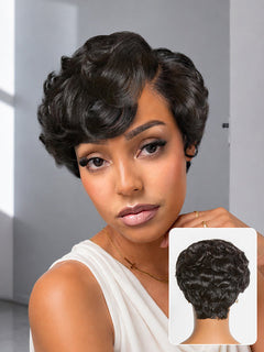 CurlCrown – Beginner-Friendly Natural Black Roll Curl Glueless Pixie Cut Wig with Pre-Cut HD Lace