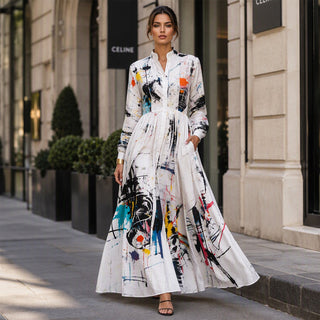 CanvasFlow – Women's Artistic Print Long-Sleeve Maxi Dress
