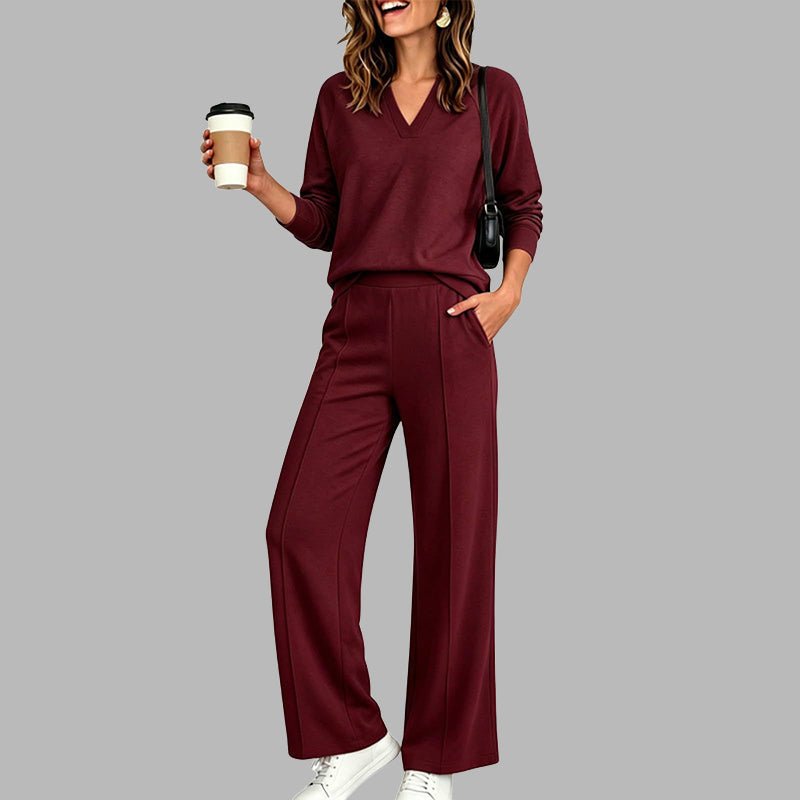 EaseLuxe – 👚Women's Casual V-Neck Top & Wide-Leg Pants Set