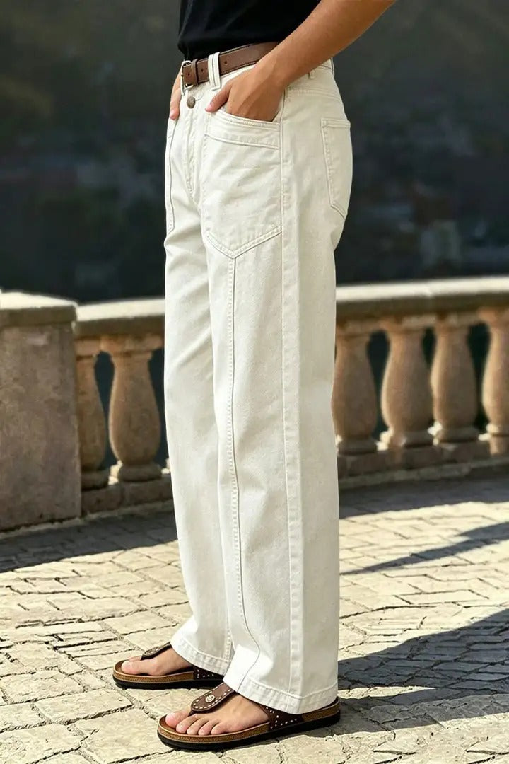 StitchLine – 🔥 Solid Stitch Detail Patch Pocket Mid-Rise Straight-Leg Pants