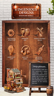 Six Corner Tavern features including mechanical structure, warm light and music
