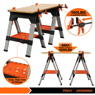 PonyWork – 2-Pack Folding Sawhorses with Clamps