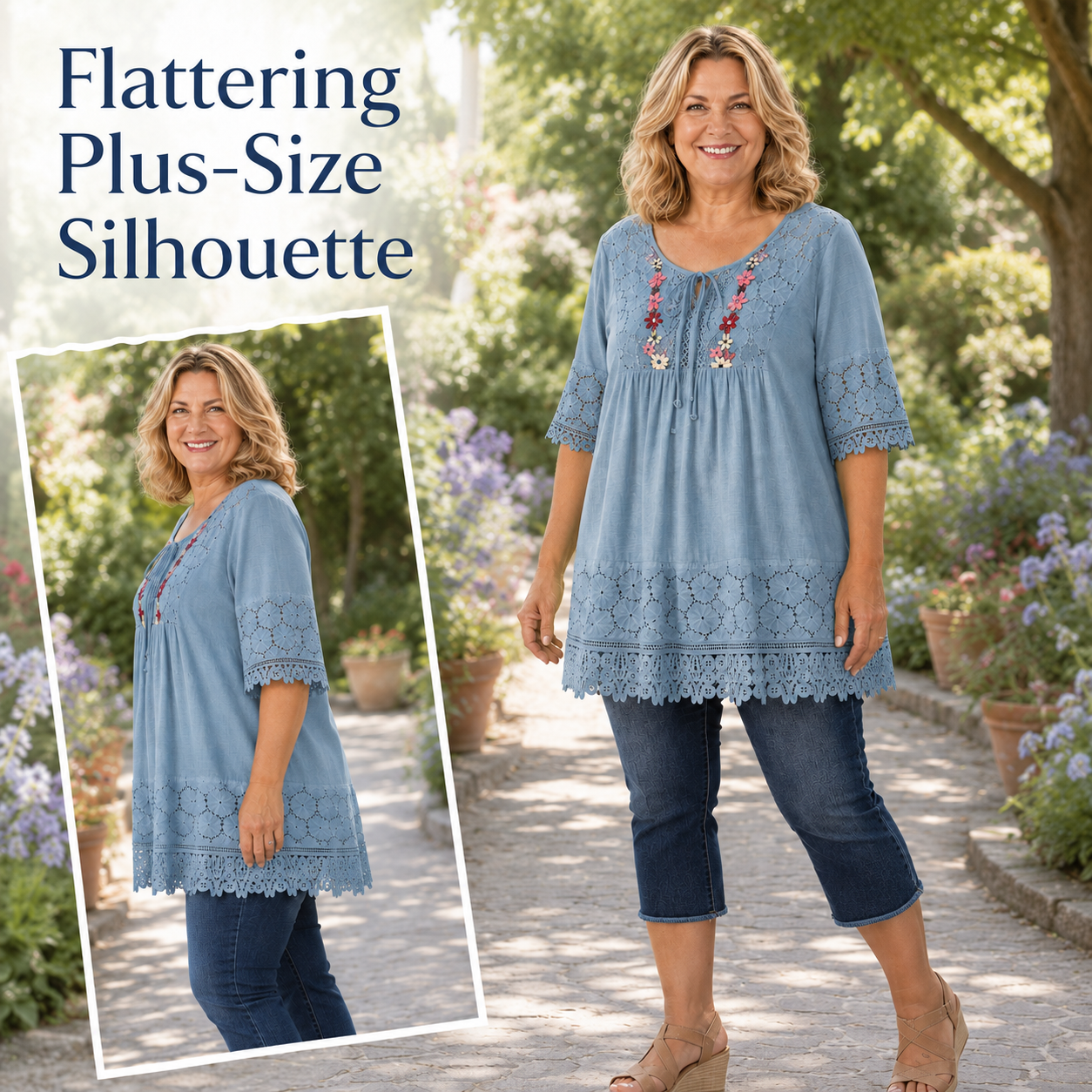 BohoBloom – Plus-Size Cotton-Linen Floral Embroidered Lace Tunic