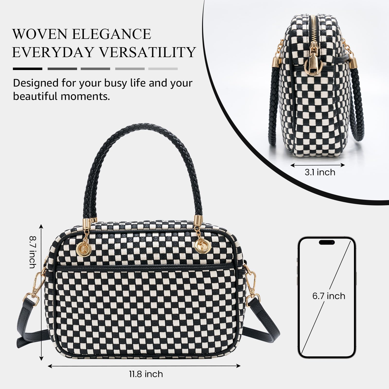 CheckWeave – Chic Checkered Woven Top Handle Crossbody Shoulder Bag in Vegan Leather