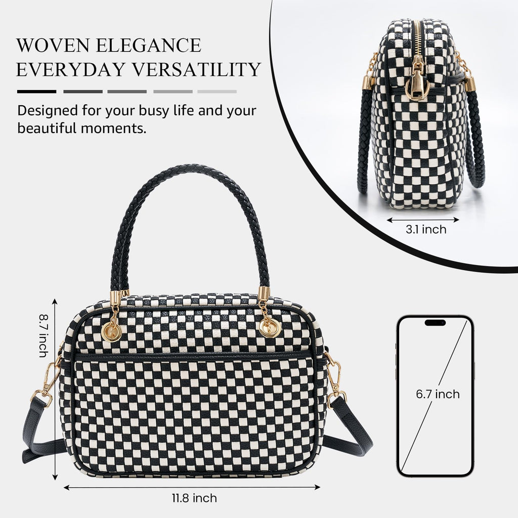 CheckWeave – Chic Checkered Woven Top Handle Crossbody Shoulder Bag in Vegan Leather