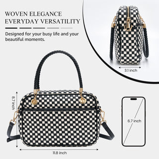 CheckWeave – Chic Checkered Woven Top Handle Crossbody Shoulder Bag in Vegan Leather