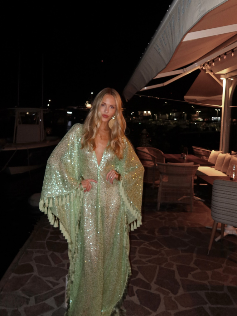 ShimmerDrift – Sequined Fringe-Trim Plunge V-Neck Maxi Kaftan Dress