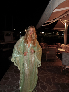 ShimmerDrift – Sequined Fringe-Trim Plunge V-Neck Maxi Kaftan Dress