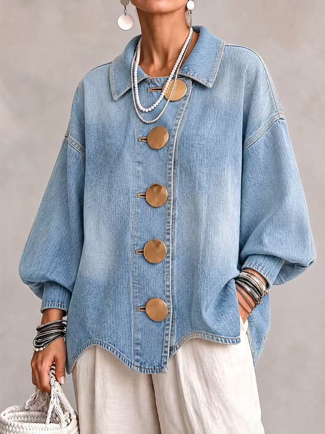 ButtonBloom – 🤲⏰ Collared Oversized Denim Jacket with Large Metal Buttons