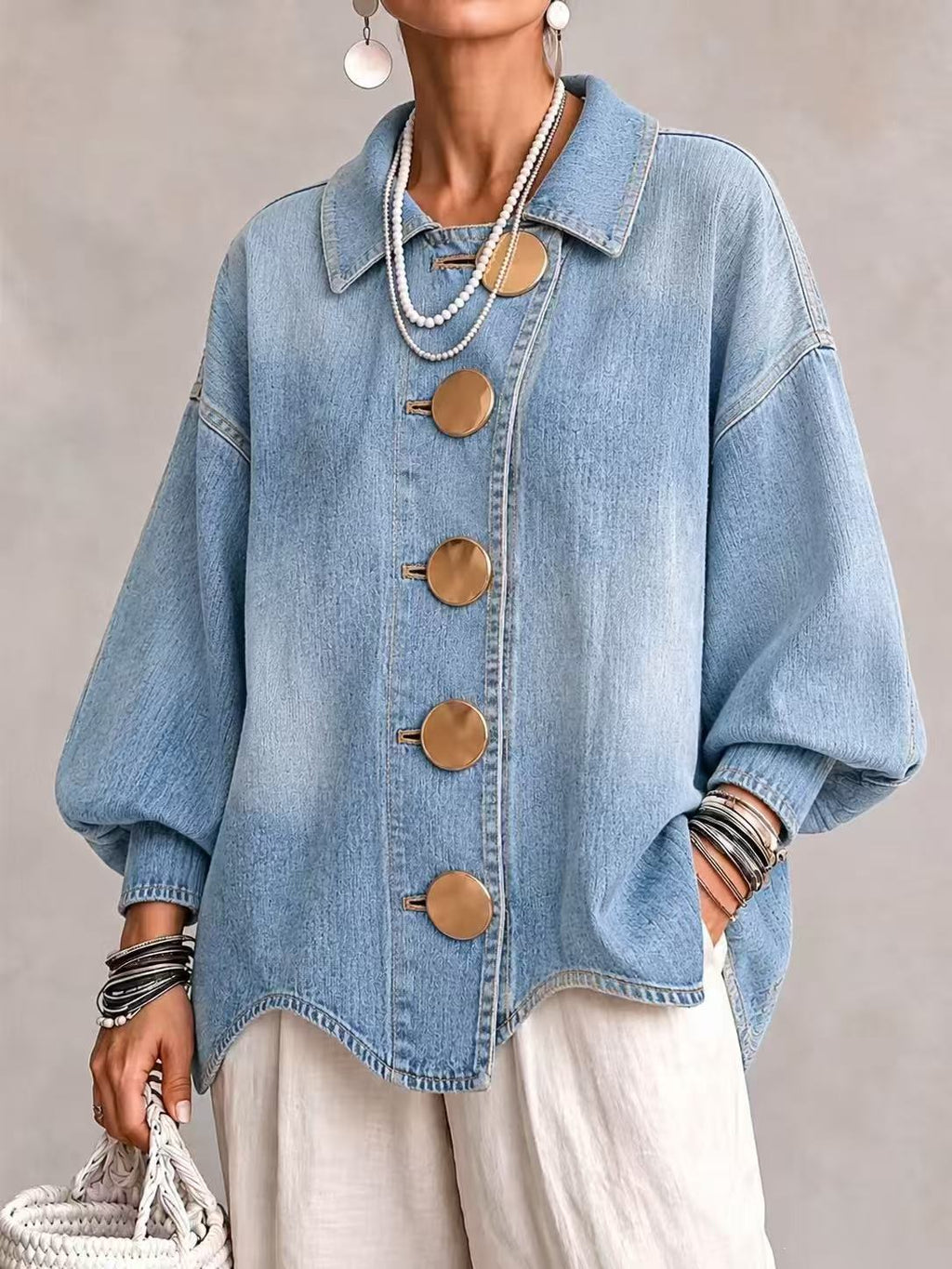 ButtonBloom – 🤲⏰ Collared Oversized Denim Jacket with Large Metal Buttons