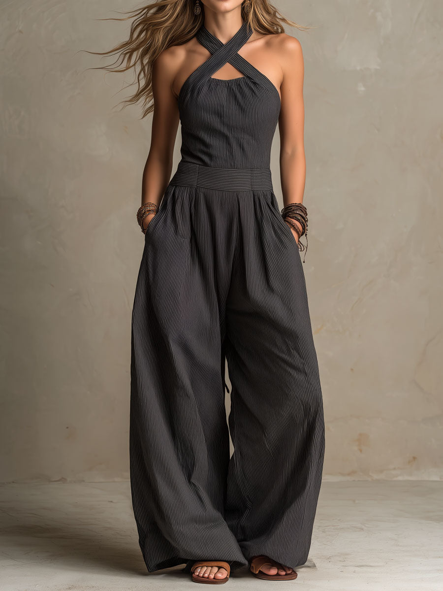 StripeFlow – Crisscross Halter Pinstripe Wide-Leg Jumpsuit