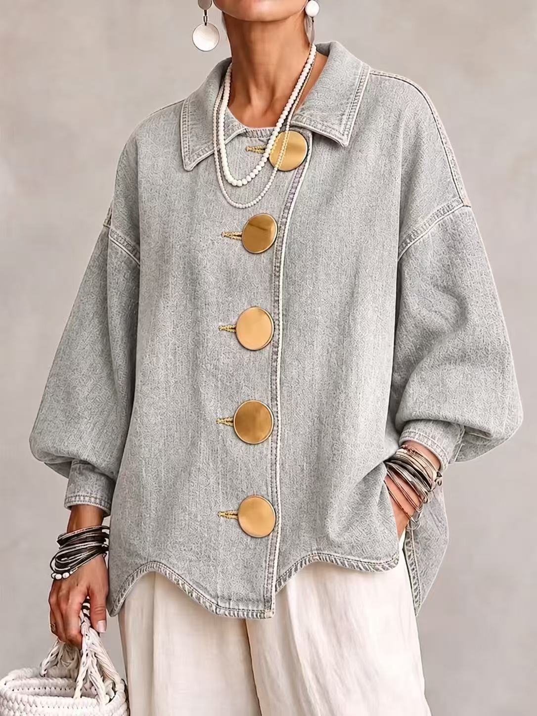 ButtonBloom – 🤲⏰ Collared Oversized Denim Jacket with Large Metal Buttons