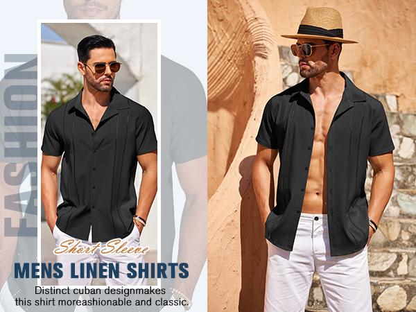 COOFANDY Men's Cuban Guayabera Shirt Short Sleeve V-Neck Button Down Casual Summer Beach Linen Top Fitted Breathable Soft Fabric