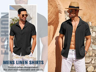 COOFANDY Men's Cuban Guayabera Shirt Short Sleeve V-Neck Button Down Casual Summer Beach Linen Top Fitted Breathable Soft Fabric