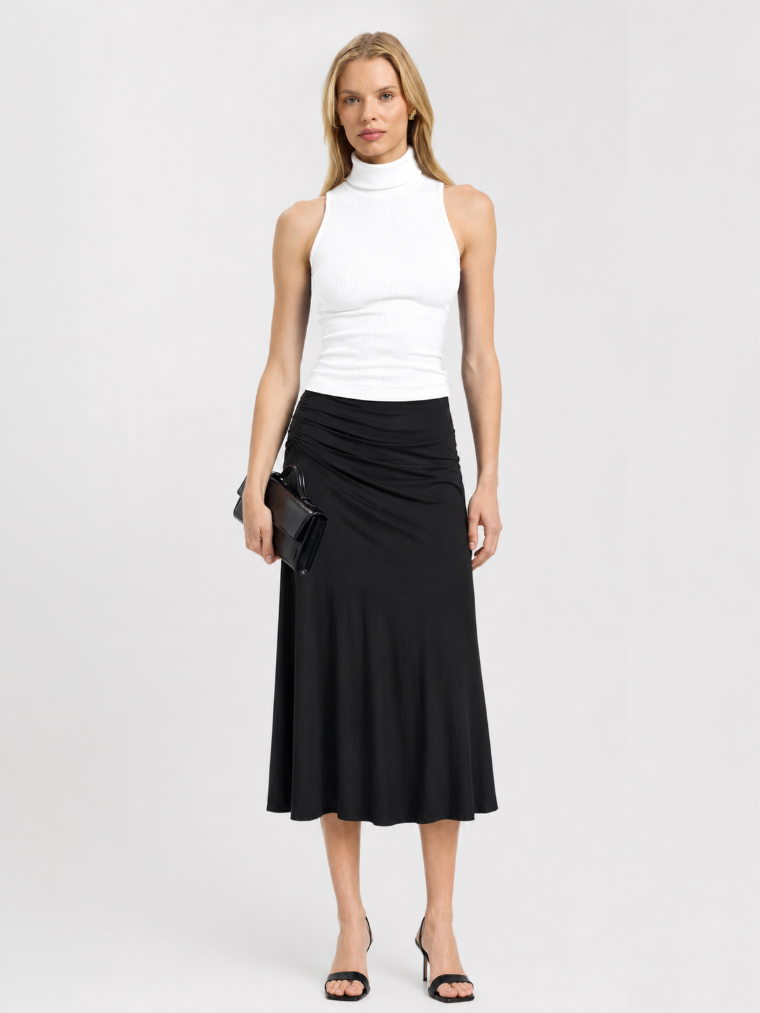 MilayaMuse – Off-the-Shoulder Ruched Top & Midi Skirt Set