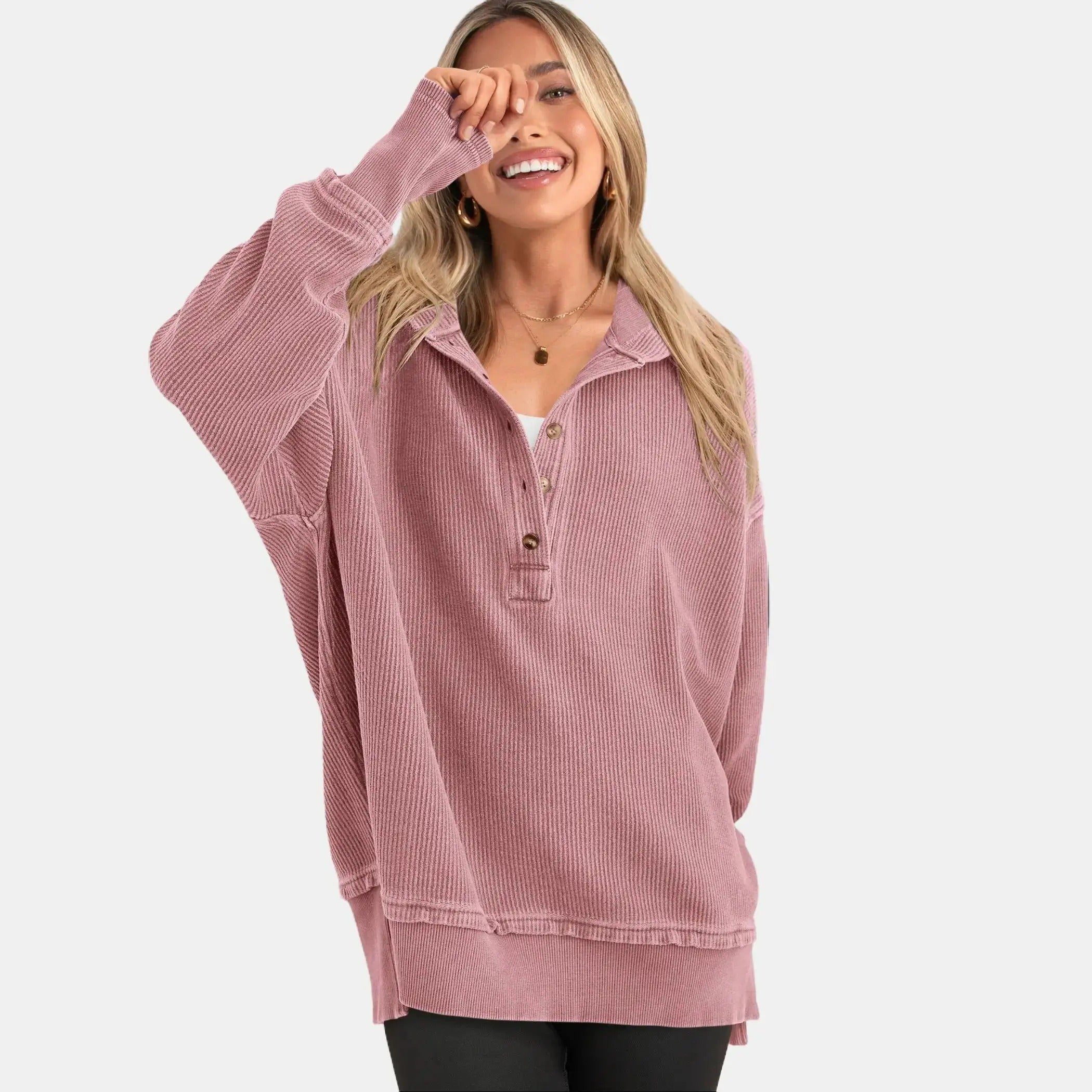 LayerEase – Women’s Oversized Button V-Neck Hoodie with Side Slits