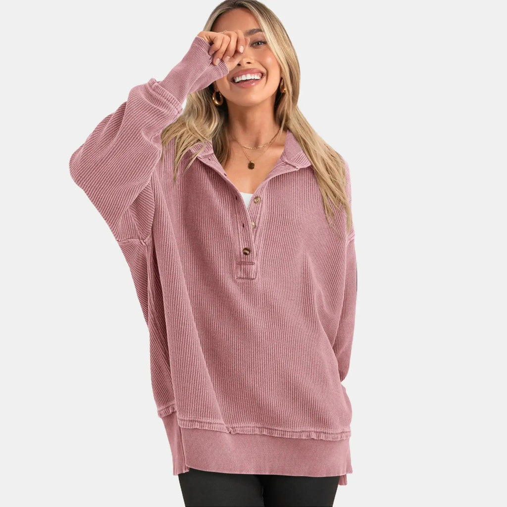 LayerEase – Women’s Oversized Button V-Neck Hoodie with Side Slits