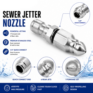JetFlush – 6500 PSI Stainless Steel Sewer Jetter Nozzle with 1/4" Quick Connect