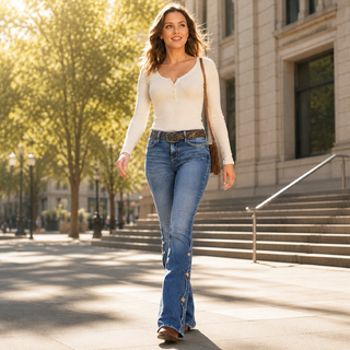 ScallopFlare – Women's High-Waisted Distressed Flare Jeans