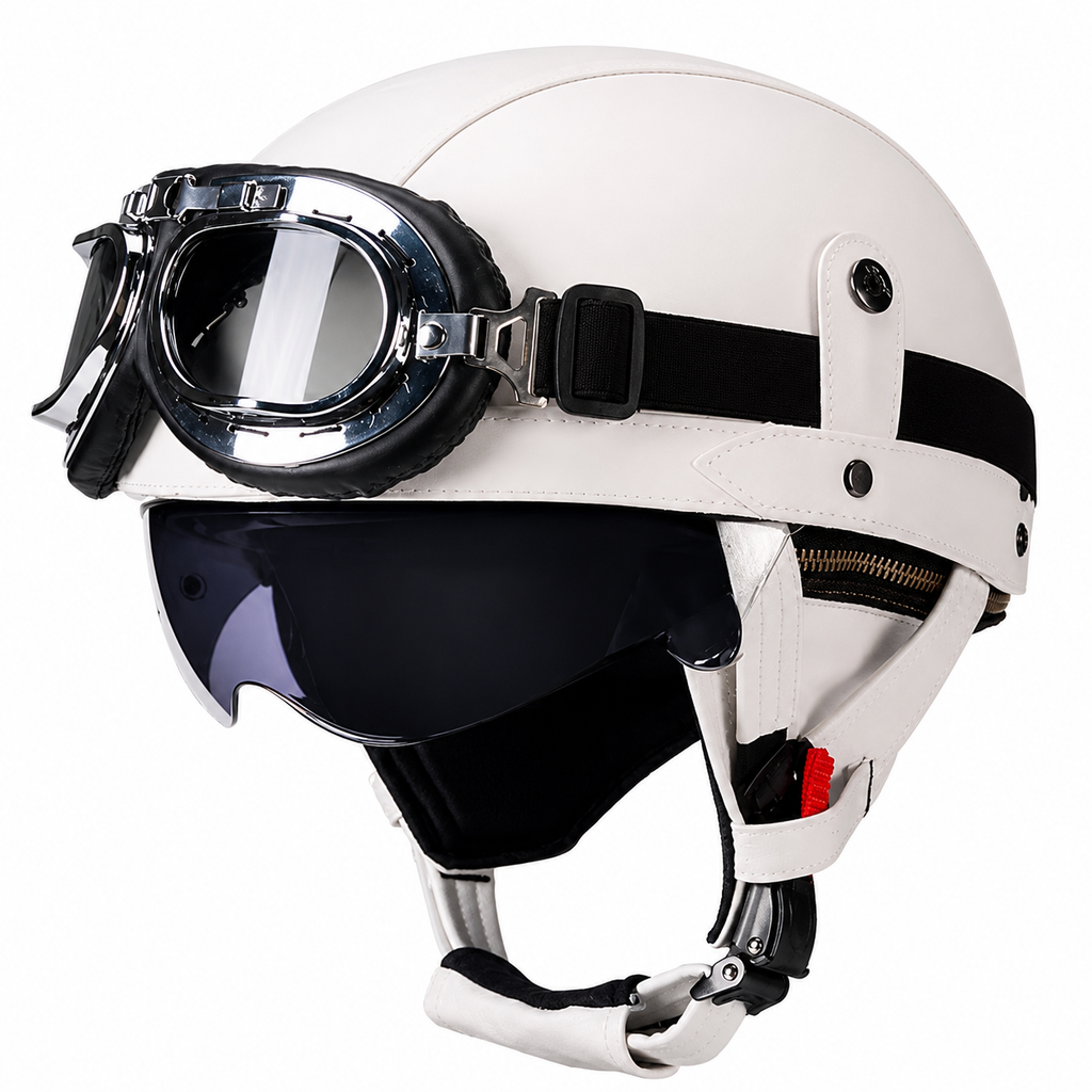 AviatorRide – Vintage PU Leather DOT Motorcycle Half Helmet with Goggles