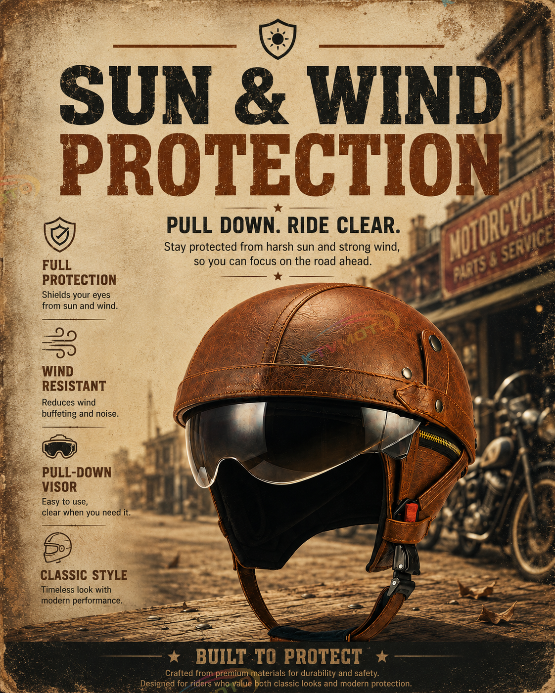 AviatorRide – Vintage PU Leather DOT Motorcycle Half Helmet with Goggles