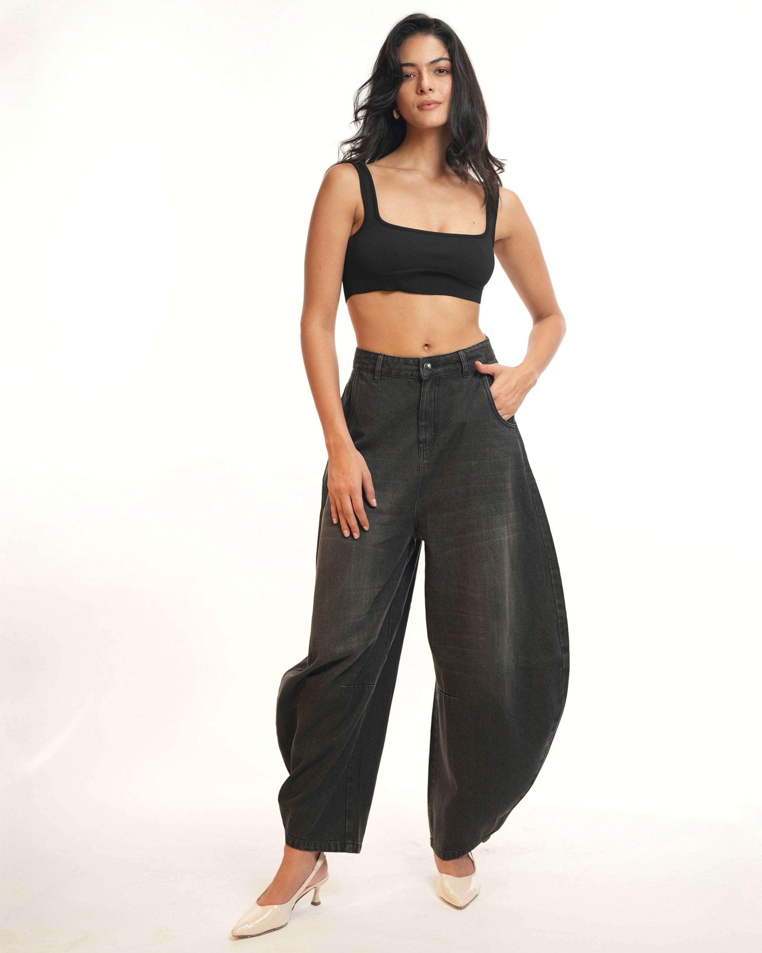 BarrelBloom – High-Rise Barrel Cut Wide-Leg Denim