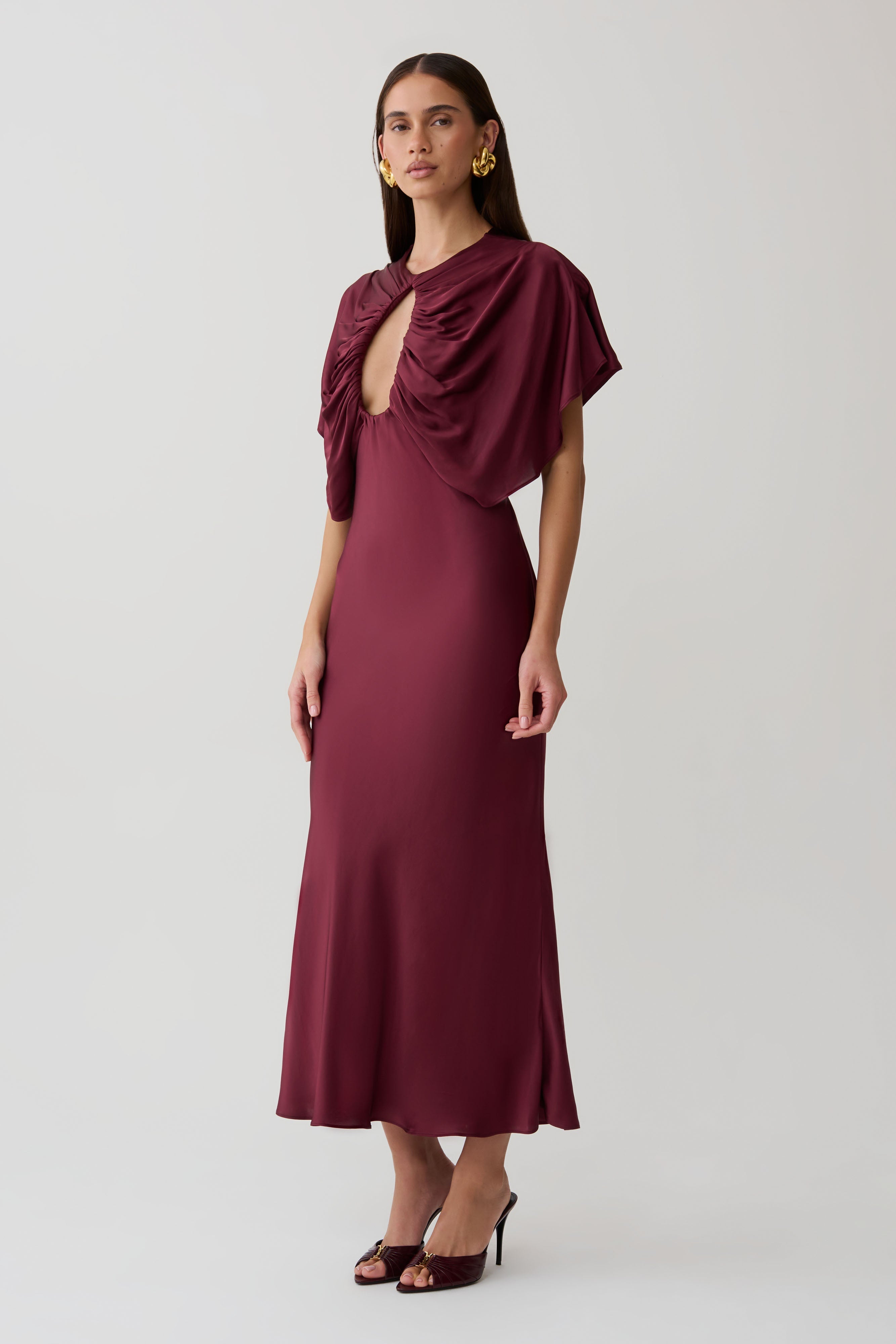 SatinDrape – Burgundy Cut-Out Satin Midi Dress
