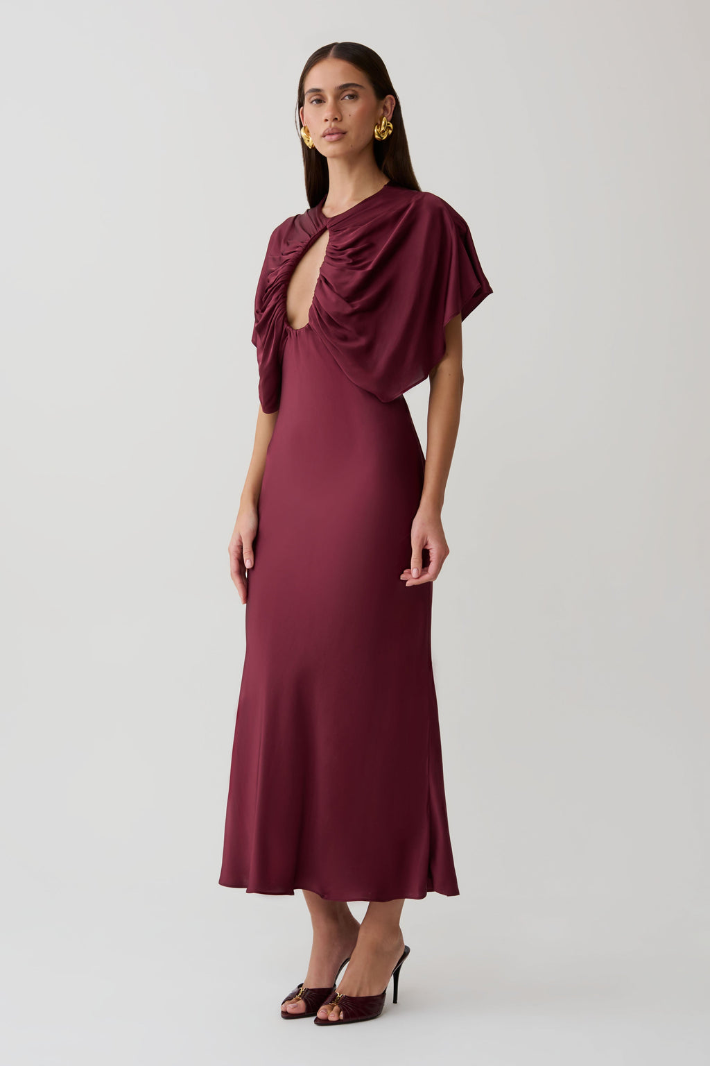 SatinDrape – Burgundy Cut-Out Satin Midi Dress