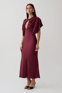 SatinDrape – Burgundy Cut-Out Satin Midi Dress