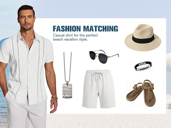 COOFANDY Men's Cuban Guayabera Shirt Short Sleeve V-Neck Button Down Casual Summer Beach Linen Top Fitted Breathable Soft Fabric