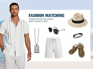 COOFANDY Men's Cuban Guayabera Shirt Short Sleeve V-Neck Button Down Casual Summer Beach Linen Top Fitted Breathable Soft Fabric
