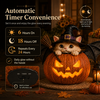 WitchCatGlow – Flickering LED Pumpkin Decor with Daily Timer